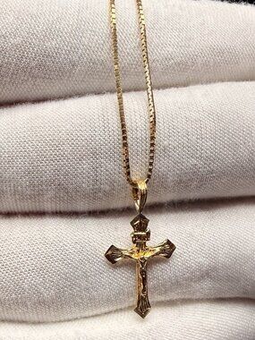 14K Yellow Gold Fancy Tiny Crucufix Pendant With 0.8mm Box Chain - 20 inch